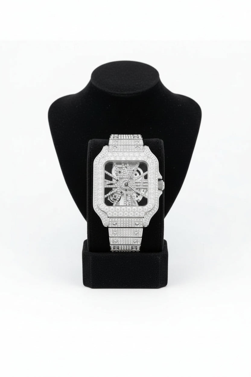 Stainless Steel Iced Out Skeleton Dial Diamond Watch