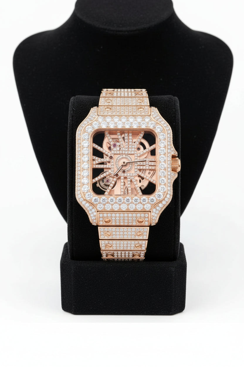 Stainless Steel Iced Out Skeleton Dial Diamond Watch
