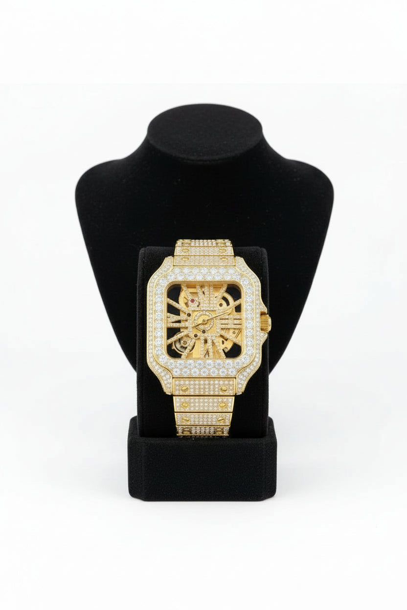 Stainless Steel Iced Out Skeleton Dial Diamond Watch